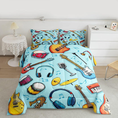 Erosebridal Drum Kit 3D Print Kids Comforter Sets Rock Music Themed Full Bedding Set for Boys Girls Musical Pattern Comforter Set,Colorful Retro Style Quilt Duvet 3 Pcs