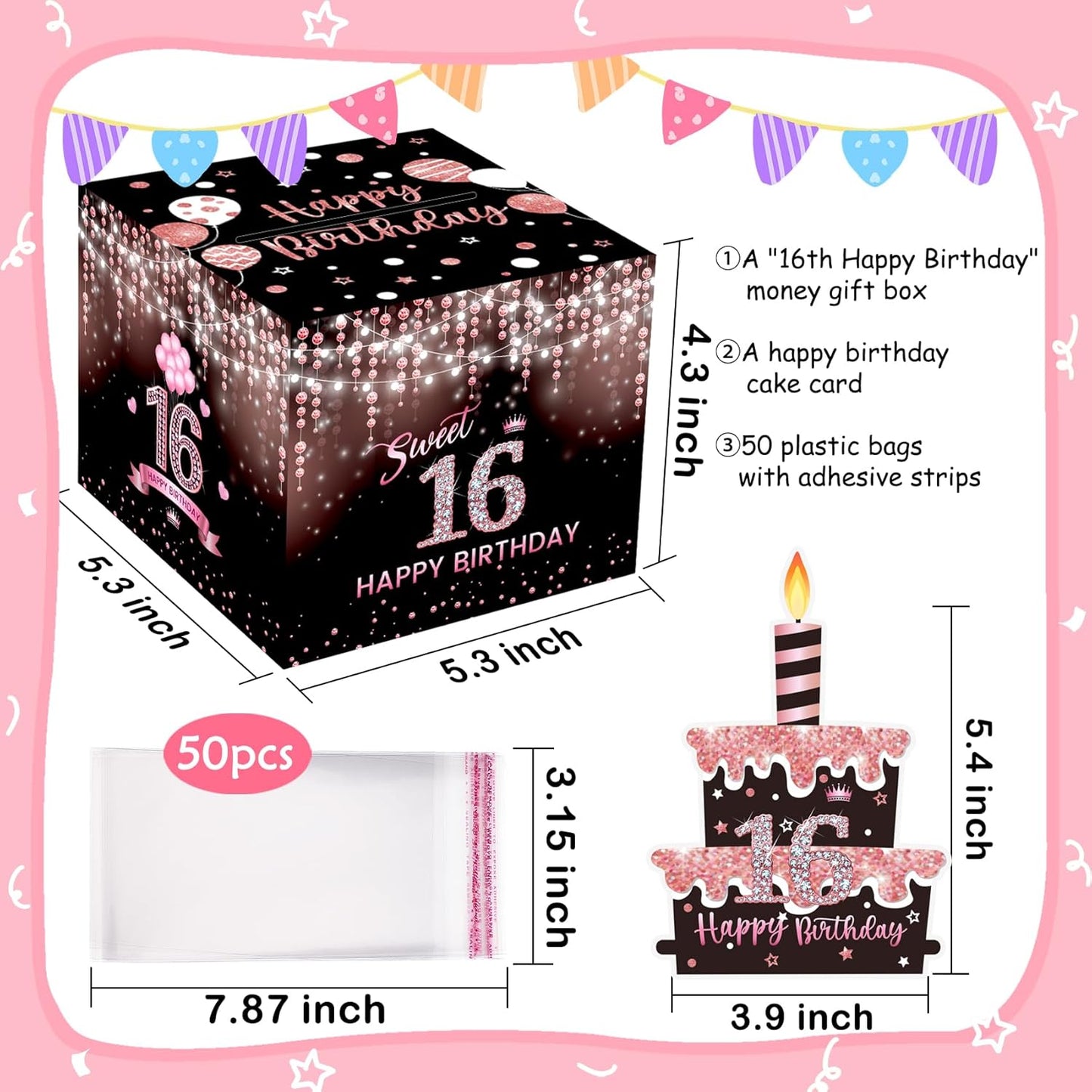 Birthday Money Box for Cash Gift Pull, Surprise Gift Boxes for Money, Money Holder Box with Pull Out Happy Birthday Card and 50Pcs Transparent Bags, Money Gift Ideas for Kids and Adults