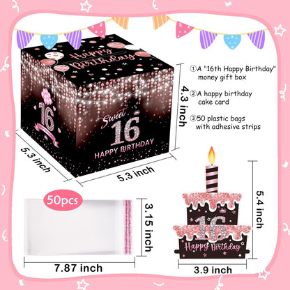 Birthday Money Box for Cash Gift Pull, Surprise Gift Boxes for Money, Money Holder Box with Pull Out Happy Birthday Card and 50Pcs Transparent Bags, Money Gift Ideas for Kids and Adults
