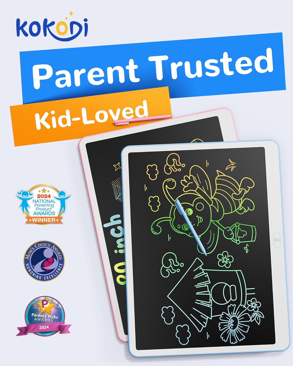 KOKODI LCD Writing Tablet, 12 Inch Colorful Toddler Doodle Board Drawing Tablet, Erasable Reusable Electronic Drawing Pads, Educational and Learning Toy for 3-6 Years Old Boy and Girls(Blue)