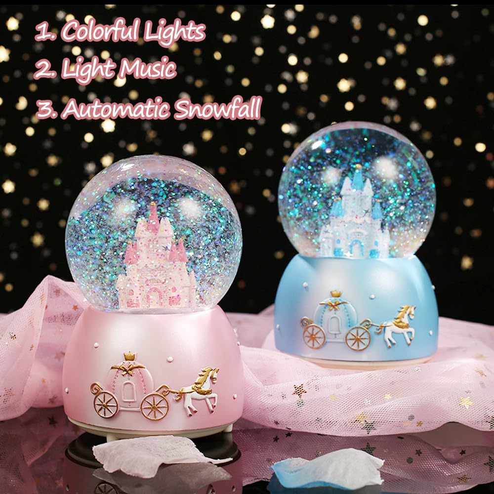 Snow Globes, Girls Castle Music Snowglobes with LED Lights, Automatic Snowfall Effect, Birthday Christmas for 5-16 Year Old Girls, Kids Room Decor (Pink)