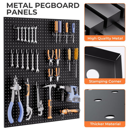 INCLY 70PCS Pegboard Wall Organizer, 4PCS Metal Peg Board Panels with 66PCS 1/4" Pegboard Hooks Accessories Kit, Black Peg Board for Walls Home, Garage Tool Storage, Workbench Organization