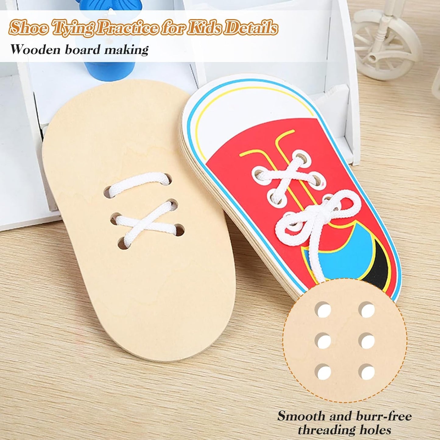 Wooden Red Shoe Tying Practice for Kids, How to Tie Your Shoes for Kids Threading Lacing Shoes Training, Learn to Tie Your Shoes Developmental Toys