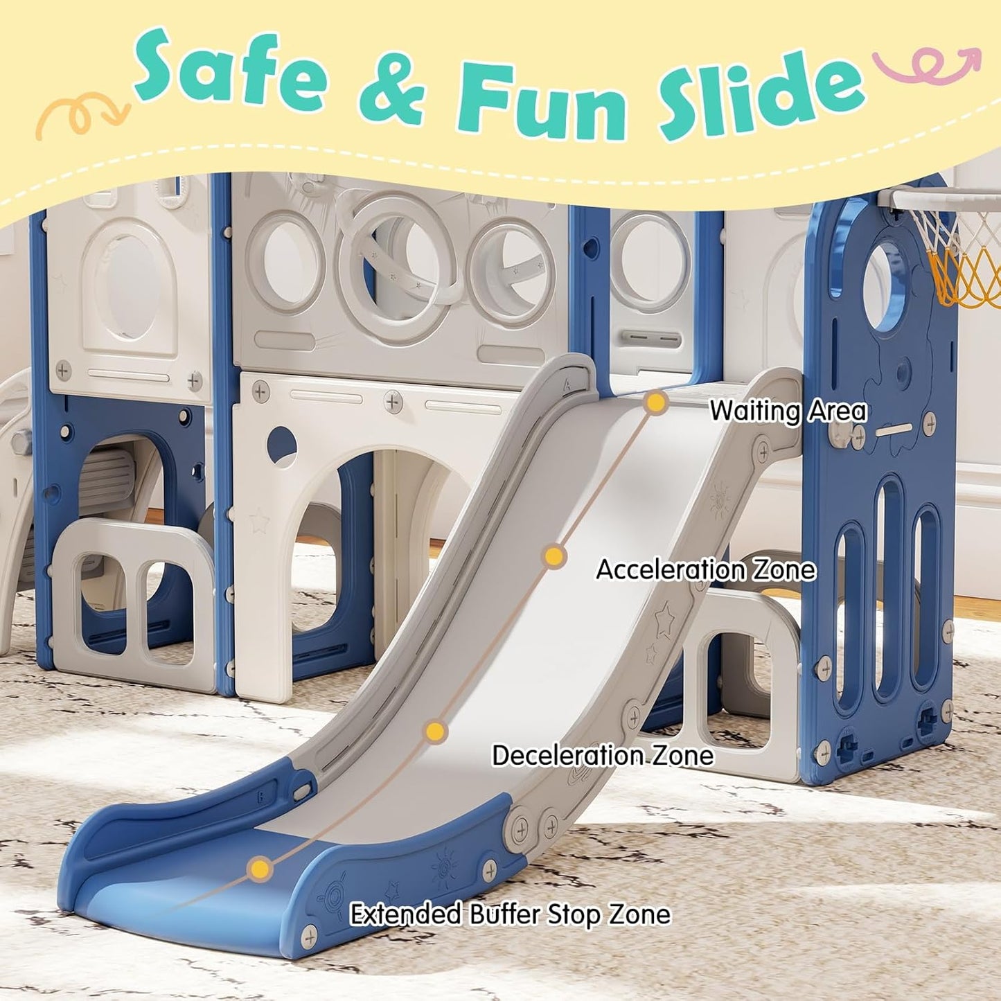 kinbor 6 in 1 Toddler Slide PlaySet - Indoor Outdoor Fun for Kids Ages 1-3, Includes Basketball Hoop, Telescope, Storage & Climber, Safe, Sturdy Baby Slide for Backyard Playground, Blue