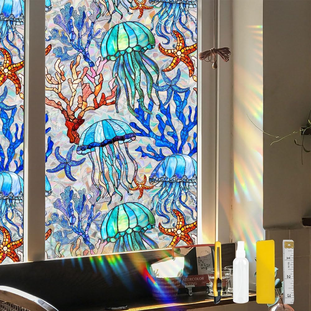 Flower Stained Glass Window Film Decorative Static Cling Stickers Sun Blocking Privacy Decals for Home Car White Lily