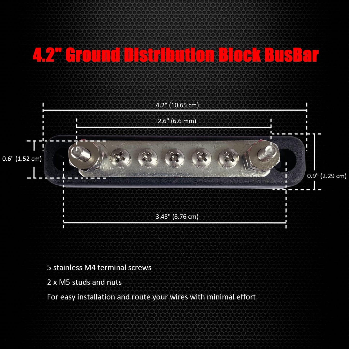 2 x #10 (M5) Studs Power Distribution Block with 5 x #8 (M4) Screws, Ampper 4.2" Bus Bar 12V Power Distribution Terminal Block Battery Busbar for Car Audio Solar (Red & Black)