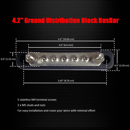 2 x #10 (M5) Studs Power Distribution Block with 5 x #8 (M4) Screws, Ampper 4.2" Bus Bar 12V Power Distribution Terminal Block Battery Busbar for Car Audio Solar (Red & Black)