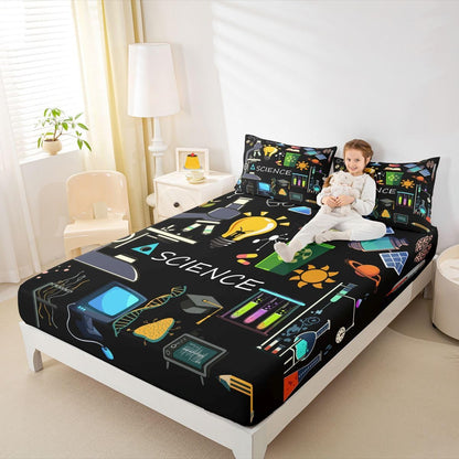 Erosebridal Science Theme Bed Sheets Set Full Size for Boys Girls Chemistry Periodic Table Print Sheet Set Chemical Subject Theme Sheets Teens Kids Math Science Atyle Fitted Sheet 4 Pcs