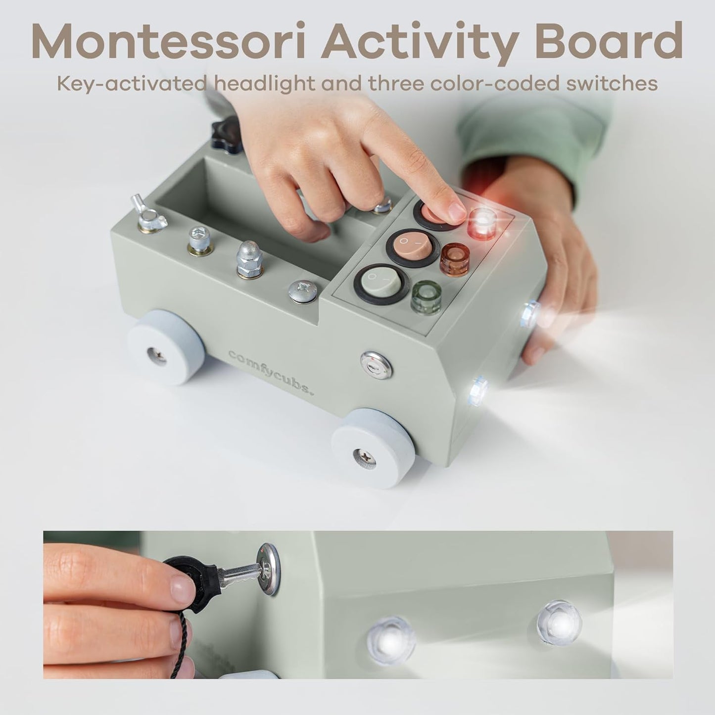 Comfy Cubs Busy Board Toy Truck Set - Fun & Noise-Free, Pine Wood Activity Board for Toddlers with LED Light Switch - Designed in The US, Focused & Engaging Montessori Play for Kids 3+ (Pacific Blue)