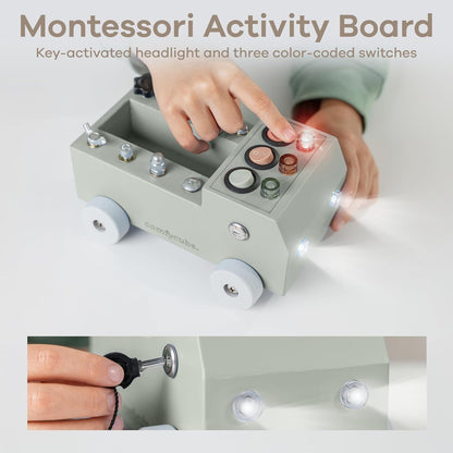 Comfy Cubs Busy Board Toy Truck Set - Fun & Noise-Free, Pine Wood Activity Board for Toddlers with LED Light Switch - Designed in The US, Focused & Engaging Montessori Play for Kids 3+ (Pacific Blue)