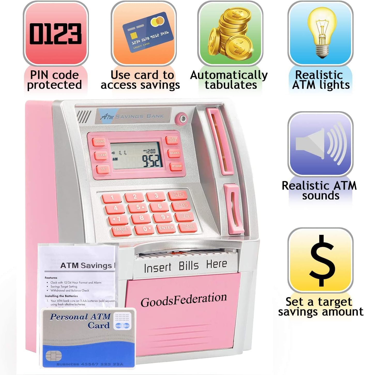 ATM Piggy Bank for Real Money for Kids Adults,Toy Money Bank with Card,Password,Coin Recognition,Bill Feeder,Balance Calculator,Electronic Money Safe Coin Box,Hot Gift for Boys Girls