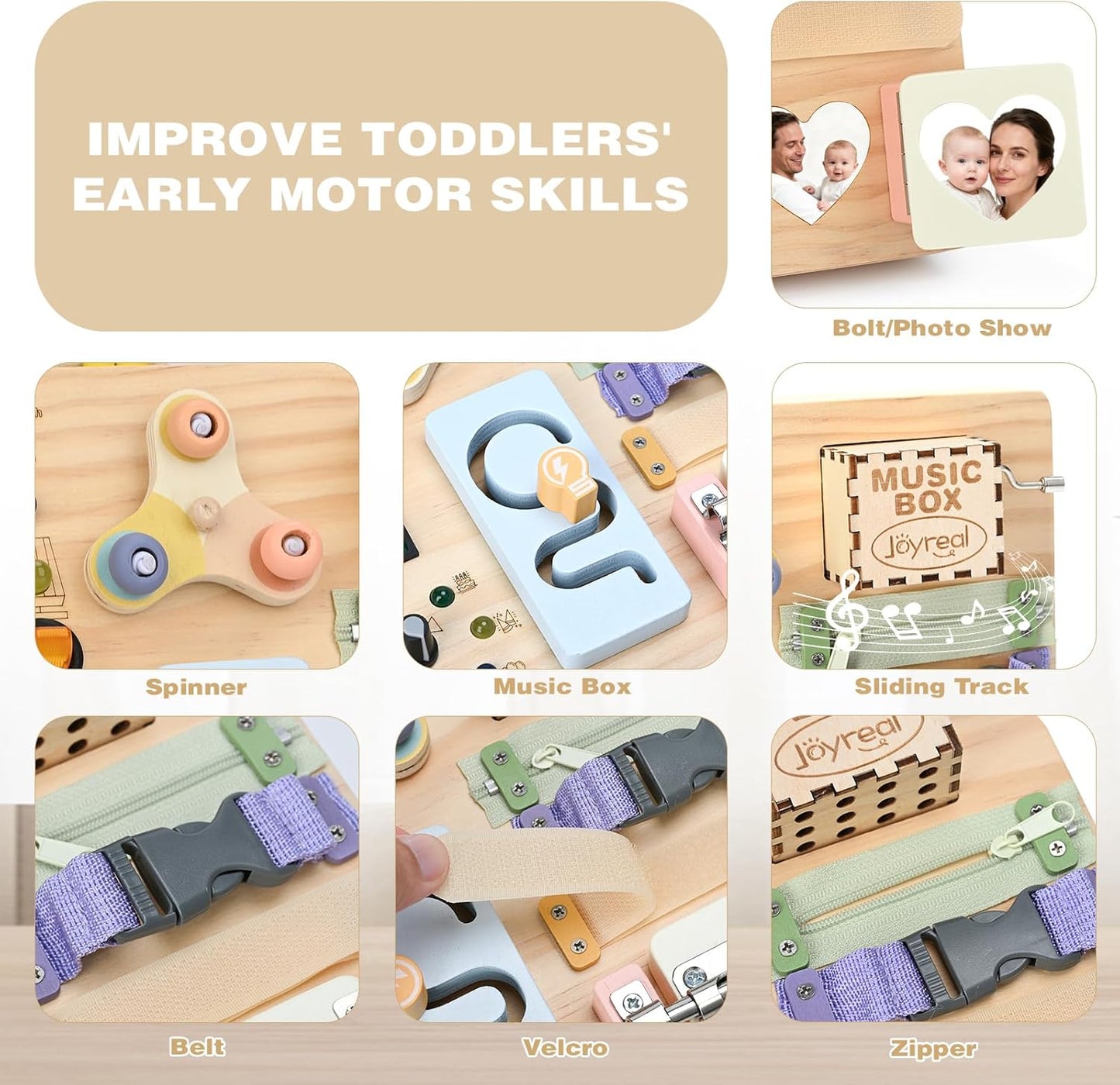Joyreal Wooden Busy Board Montessori Toys for Toddlers, Sensory Activity Board with LED Lights, Music Box & Locks, Educational Learning Toy Gifts for Boys and Girls