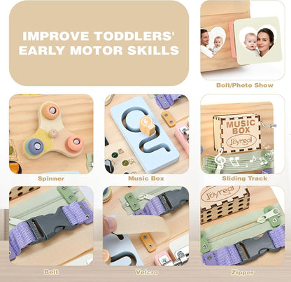 Joyreal Wooden Busy Board Montessori Toys for Toddlers, Sensory Activity Board with LED Lights, Music Box & Locks, Educational Learning Toy Gifts for Boys and Girls