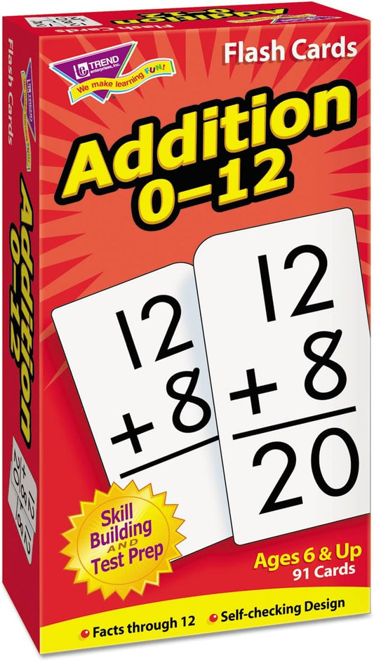 Trend Enterprises: Math Skill Drill Flash Cards, Addition 0-12, Self-Checking Cards to Practice and Master, Great for Skill Building and Test Prep, 91 Cards Included, Ages 6 and Up