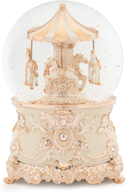 Carousel Music Box Gold & Ivory Christmas Snow Globes, 8.3" Rotate Carousel Snow Globe for Kids & Adults, Classic Wind up Musical Snow Globe Birthday Gifts for Women Girls, Carousel Horse Home Decor