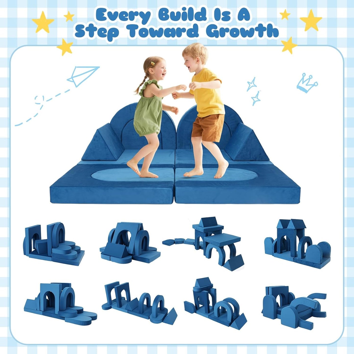 Tangram Puzzles modular kids play couch building fort, Children explorer sofa with Ball Pit, Kids playroom convertible furniture for Inspiring Child Creativity, Made entirely of sponge (Blue Series)