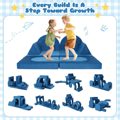 Tangram Puzzles modular kids play couch building fort, Children explorer sofa with Ball Pit, Kids playroom convertible furniture for Inspiring Child Creativity, Made entirely of sponge (Blue Series)