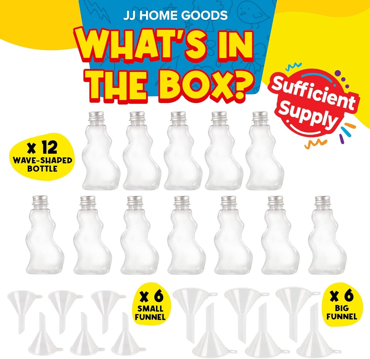 JJ CARE Sand Art Bottles [12 Wave-Shaped Sand Bottles + 6 Small & 6 Large Funnels] Craft Sand Art Kit for Kids 3 Years Above, Non-Toxic Rangoli Color Art Bulk