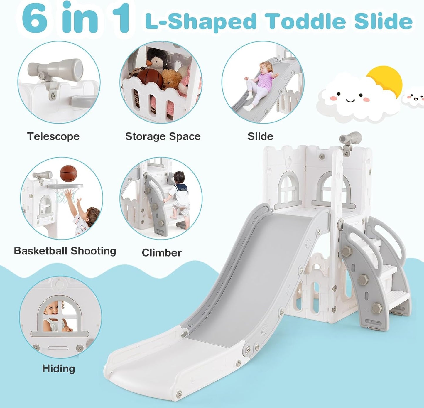 HONEY JOY Toddler Slide, 6 in 1 Freestanding Slide for Kids, Indoor Outdoor Castle Climber Playset Gym w/Basketball Hoop, Ball, Telescope, Storage, Playground Baby Slide for Boys Girls (Blue)