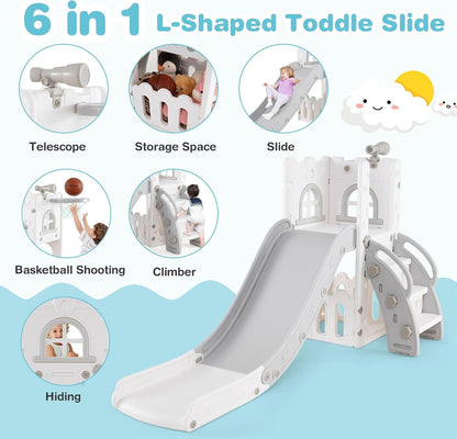 HONEY JOY Toddler Slide, 6 in 1 Freestanding Slide for Kids, Indoor Outdoor Castle Climber Playset Gym w/Basketball Hoop, Ball, Telescope, Storage, Playground Baby Slide for Boys Girls (Blue)
