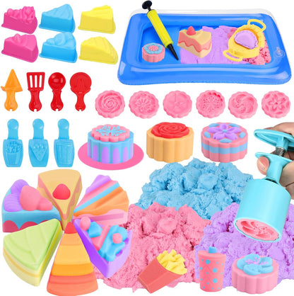 Crelloci Cake Play Sand Toys, Sensory Bin with 3 Colors Sand, Inflatable Sandbox & Air Pump, 12 Cake & 5 Shaped Molds, Tools, Art Kit Gift for Kids Toddlers Girls Boys Ages 3 4 5 6 7 8 9 Years Old