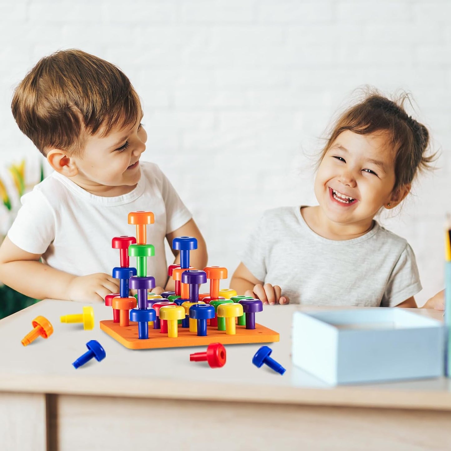 Shappy Toddler Peg Board Kids Montessori Colorful Stackable Toys 120 Pcs Pegs with 4 Foam Board 4 Learning Educational Toy for Preschool Color Recognition Counting Skill(Orange)