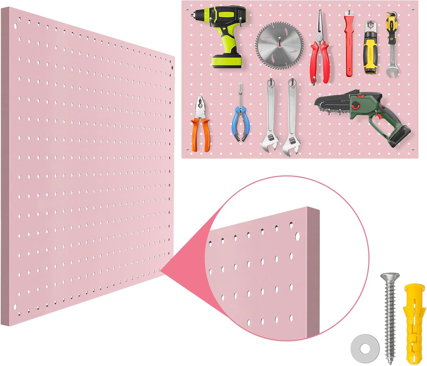 Peg Board, 2 Pack Metal Pegboard Panels Pink Pegboards Wall Organizer with Frame Large Heavy Duty Peg Board with Hooks for Walls Home,Garage Tool Storage,Office Organization,Kitchen 24”×16”