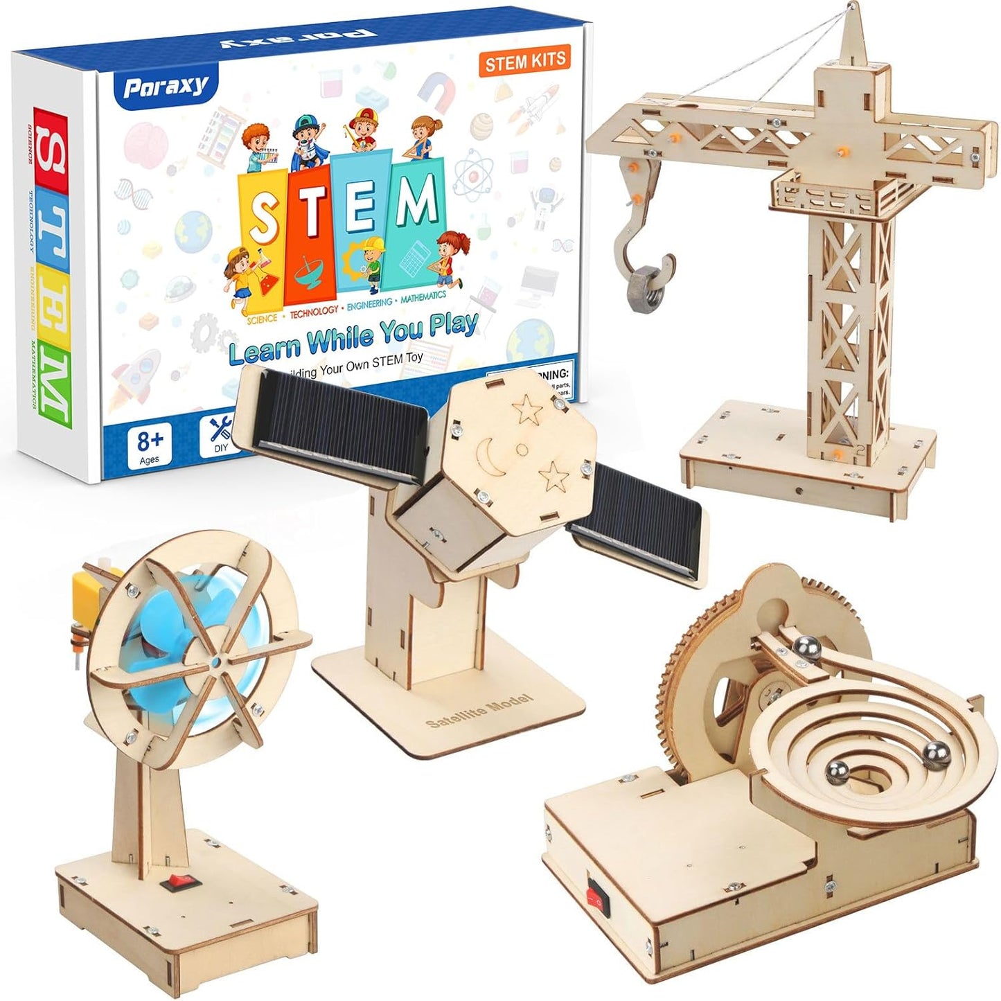 Poraxy 4 in 1 STEM Kits, STEM Projects for Kids Ages 8-12, Assembly 3D Wooden Puzzles, Building Toys, Educational Science Craft Model Kit, Gift for Boys and Girls 8 9 10 11 12 Years Old, Marble Run