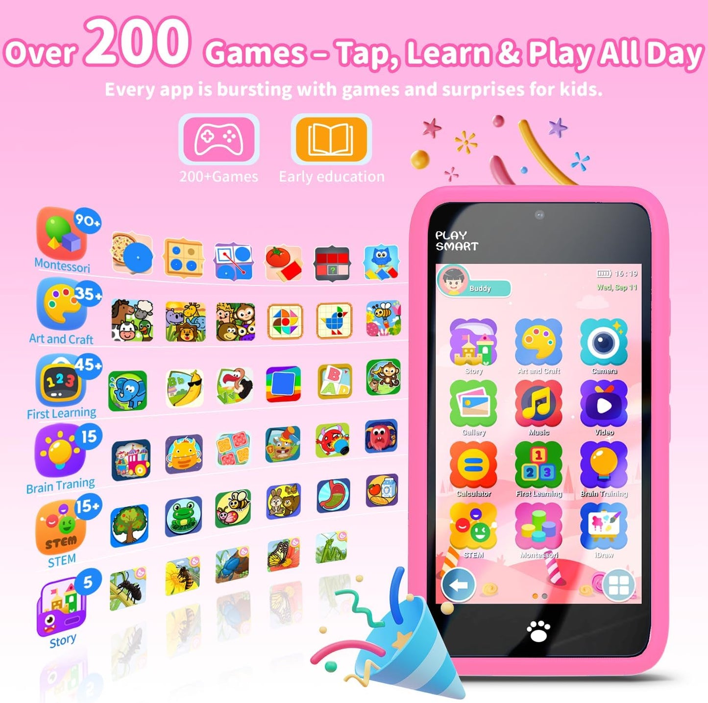 MOMILLA Kids Smart Phone Toys for Girls, 3.97” Touchscreen, Dual Cameras with Stickers, 200+ Games & 16GB Storage, Christmas Birthday Gifts for Kids Age 3-10, Educational Mini Toddler Play Phone Toy