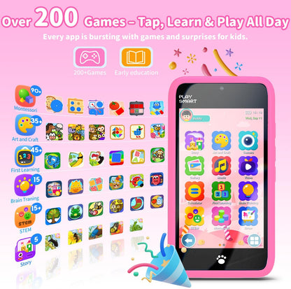 MOMILLA Kids Smart Phone Toys for Girls, 3.97” Touchscreen, Dual Cameras with Stickers, 200+ Games & 16GB Storage, Christmas Birthday Gifts for Kids Age 3-10, Educational Mini Toddler Play Phone Toy