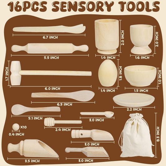 Hiawbon 25PCS Wooden Sensory Bin Tools for Toddlers, Wooden Pretend Play Sensory Tools Set, Montessori Sensory Wooden Toys, Fine Motor Learning Toys for Counting Sorting Hammering Pounding