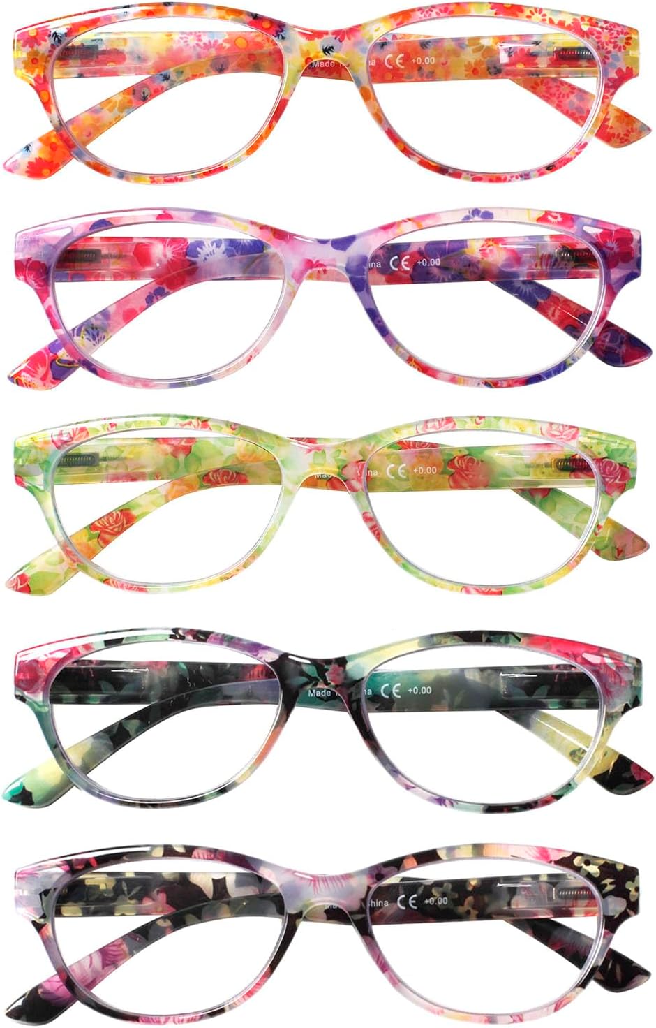 SIGVAN Ladies Cat Eye Reading Glasses 5 Pairs Blue Light Blocking Spring Hinge Fashion Pattern Print Readers for Women