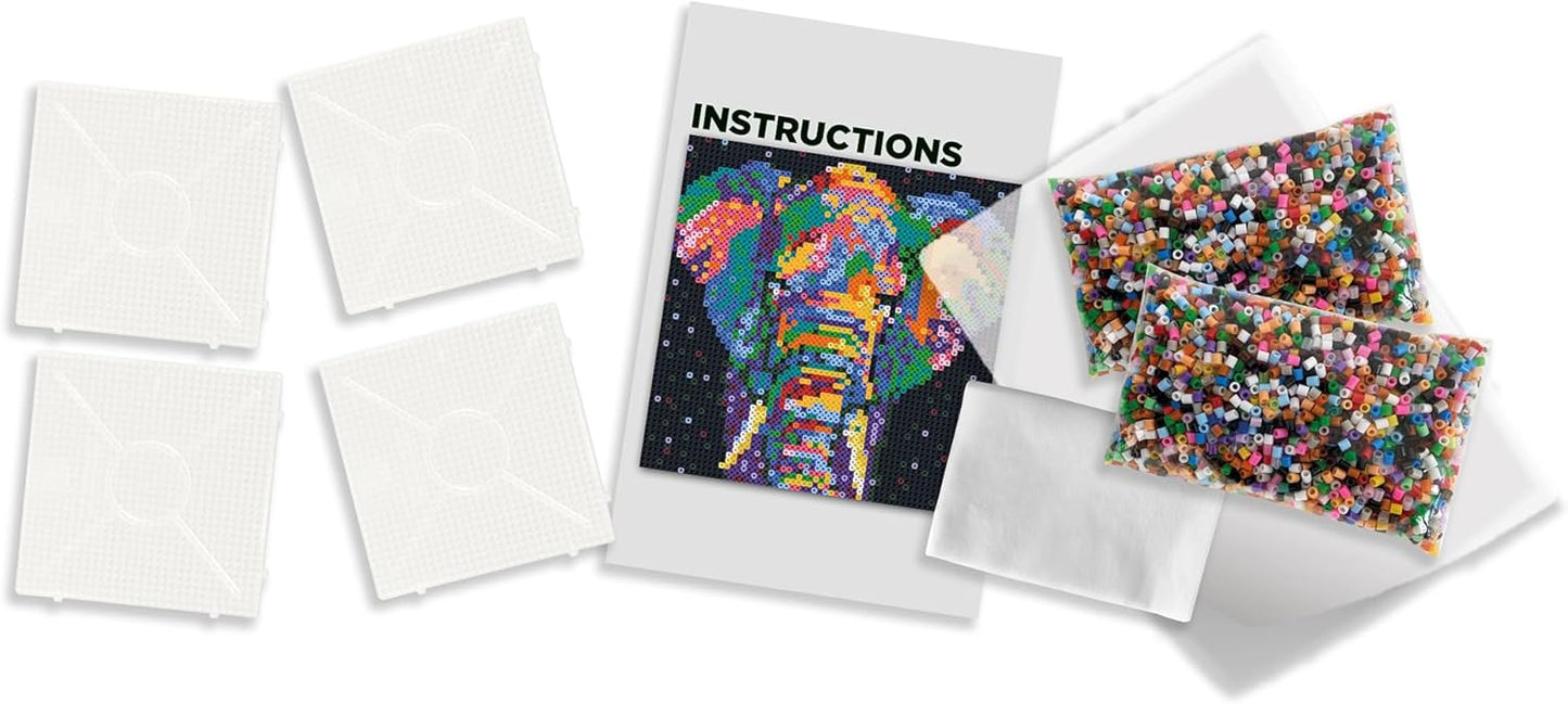 SES Creative: Beedz Art - Elephant Fantasy - Iron-On Beads Set - 500 Fusible Beads, 12x12 Animal Design Wall Art, DIY Craft Activity, Teens & Adults