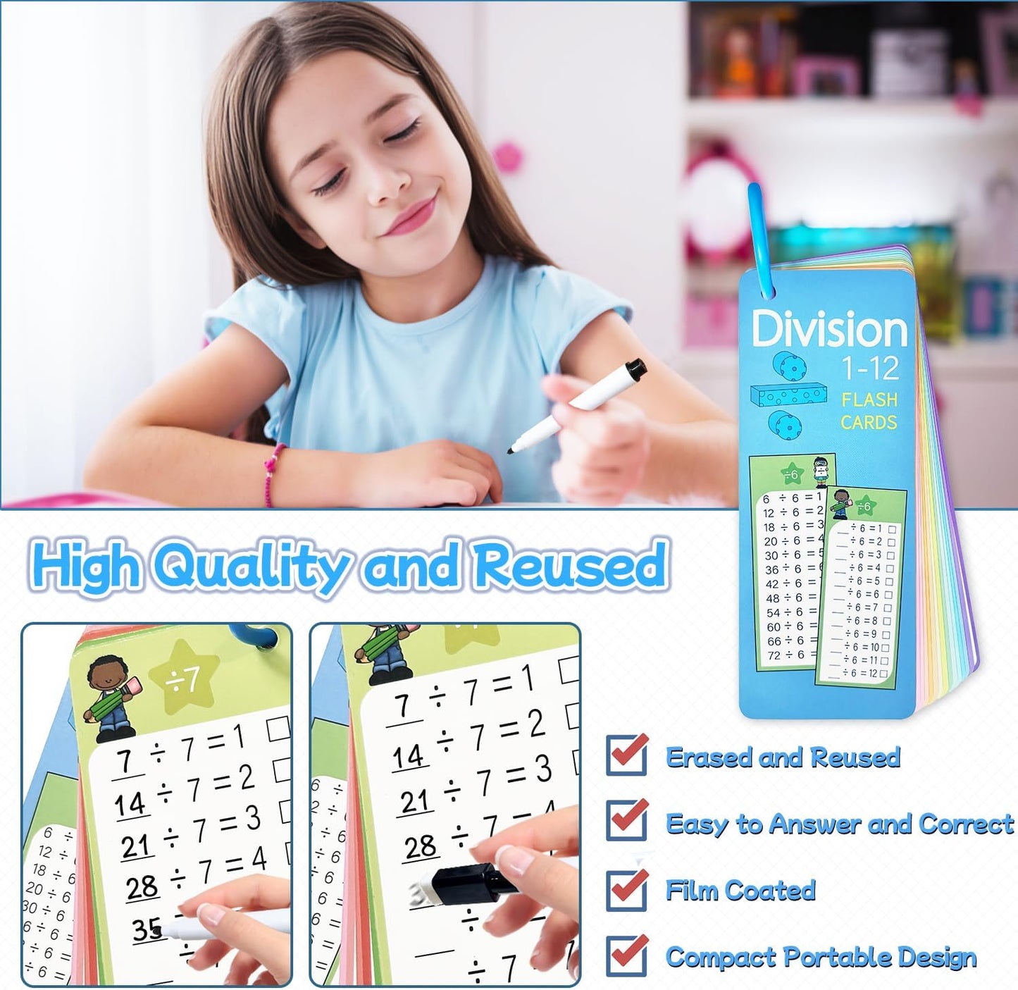Multiplication Flash Cards 0-12, 15PCS Times Table Flash Cards Chart, with Dry Erase Markers Sorting Ring, 1st, 2nd, 3rd Grades Educational Math Multiplication Game for Kids Classroom Home