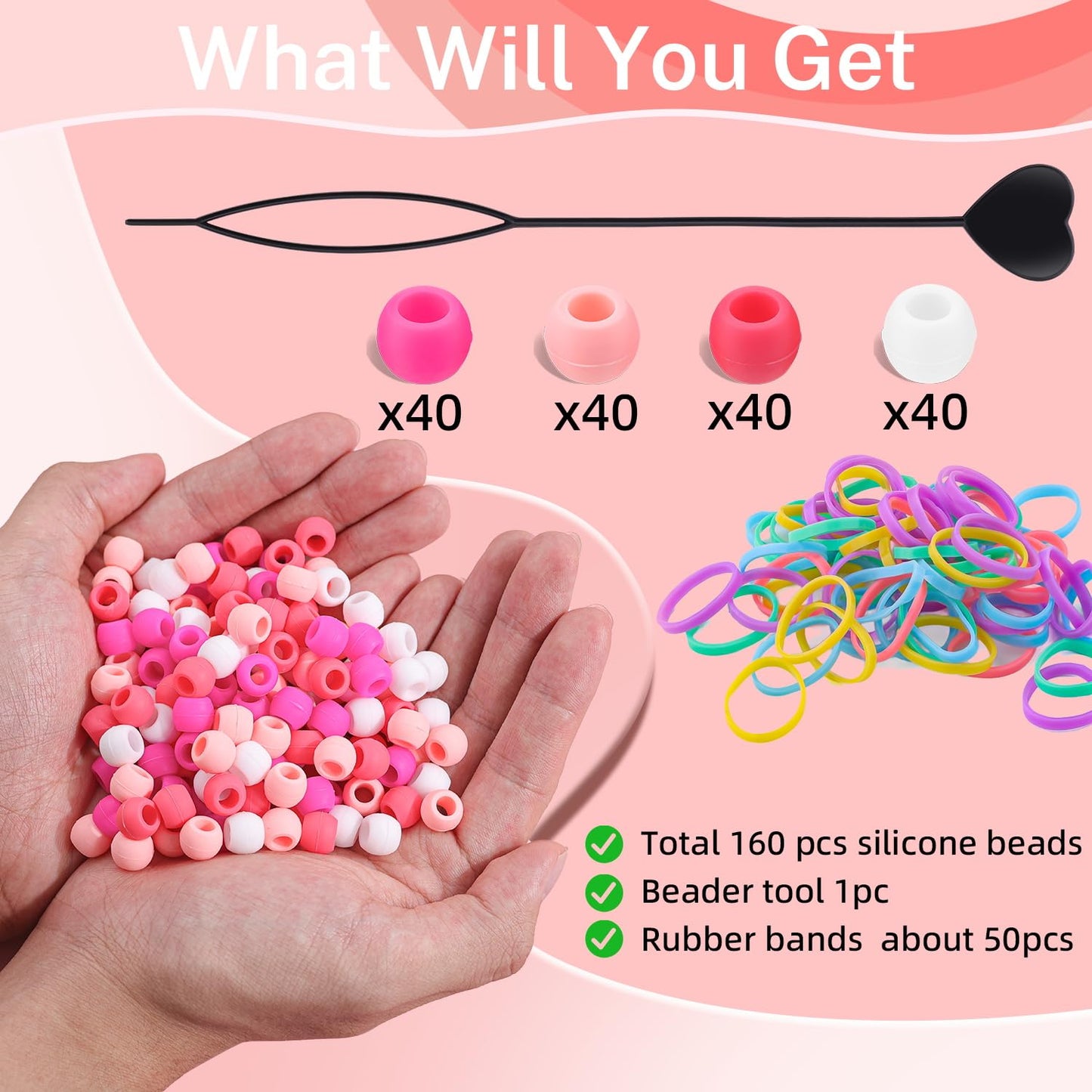 150Pcs 10mm Small Silicone Beads for Hair Braids, Soft Jellyish Pony Hair Beads with 5mm Hole + 50 Rubber Bands and 1 Beader for Braiding, DIY Bracelets Necklaces Crafts (Pink)