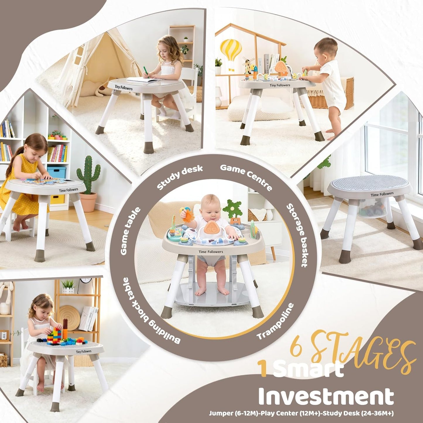 Time Followers® 6-in-1 Baby Activity Center | 4 Stage Montessori-Inspired Toys | Grow Stationary Standing Toddler Table | Jumpers & Bouncers | Must Have for Boy & Girl 6, 12, 24+ Month Old (White)