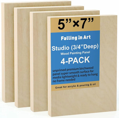 Falling in Art Unfinished Birch Wood Canvas Panels Kit, 4 Pack of 8x10’’ Studio 3/4’’ Deep Cradle Boards for Pouring Art, Crafts, Painting, and More