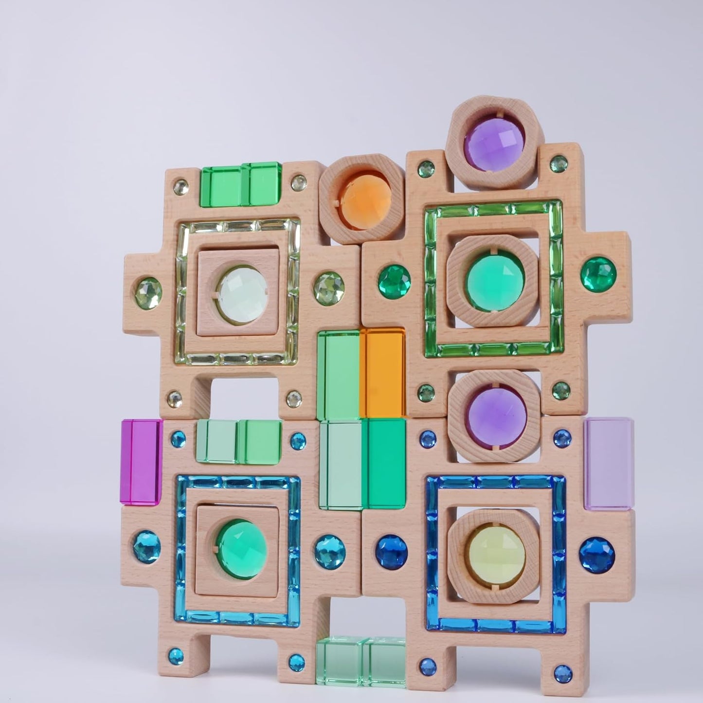 20PCS Wooden Gem Blocks Stacking Toys,Colorful Acrylic Windows Blocks, Rainbow Crystal Acrylic Building Cubes Educational Sensory Training Crystal Toys (20PCS Round Gem Blocks)