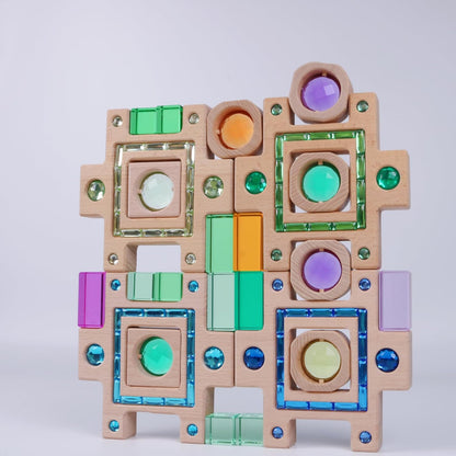 20PCS Wooden Gem Blocks Stacking Toys,Colorful Acrylic Windows Blocks, Rainbow Crystal Acrylic Building Cubes Educational Sensory Training Crystal Toys (20PCS Round Gem Blocks)