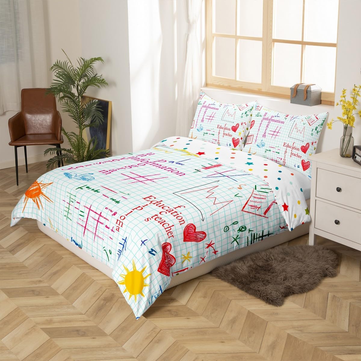 Erosebridal Science Theme Bedding Set Queen Size for Boys Girls Chemistry Periodic Table Print Duvet Cover Chemical Subject Theme Comforter Cover Teens Kids Math Science Atyle Bedspread Cover 3 Pcs