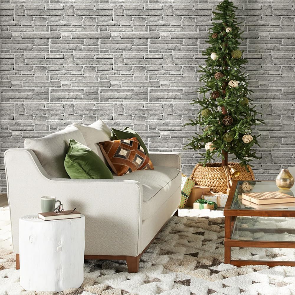 COMSTICKC 3D Faux Gray Stone Wall Sticker Peel and Stick Wall Panels,10 Pcs of 12"X12",Ultra-Light Thin PVC Decorative Tiles Rocks Stone Backsplash Interior Decor,Paintable