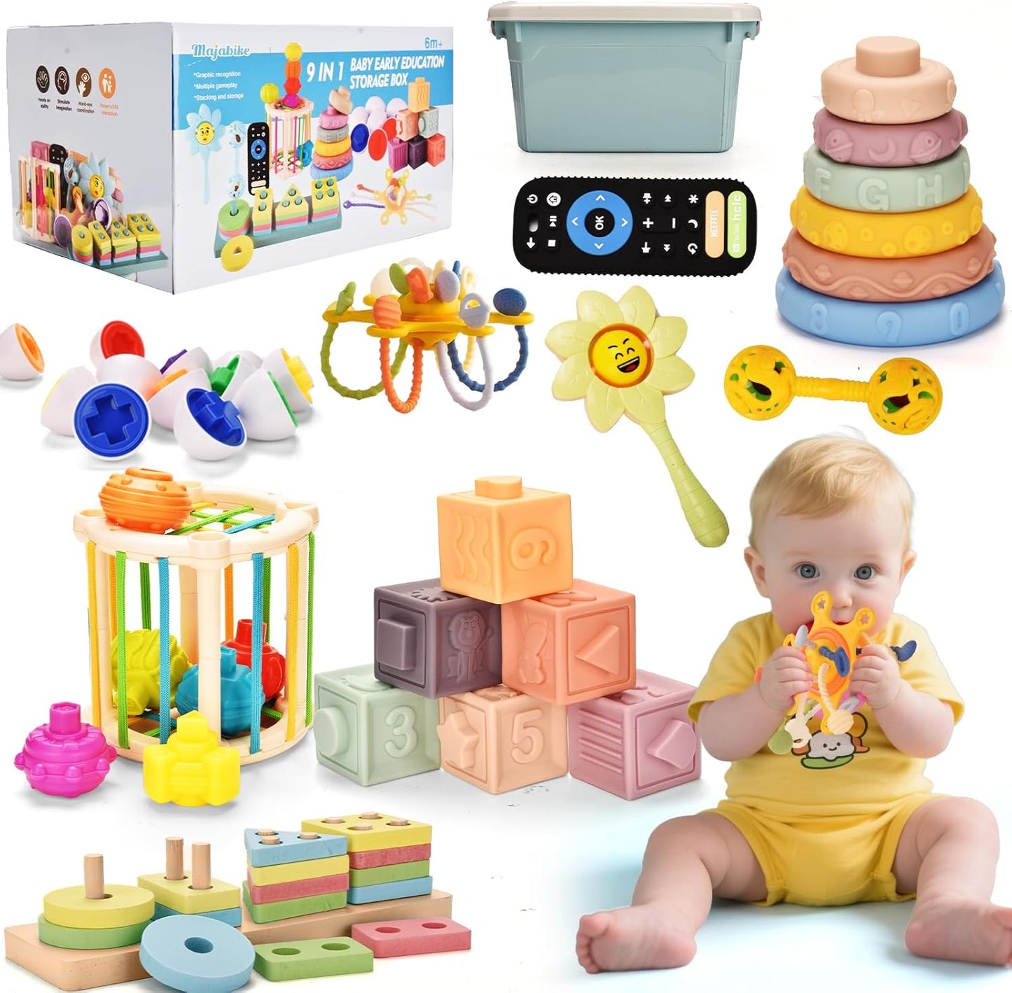 Baby Toys 6 to 12 Months 9 in 1 Montessori Teething Toys Sorting Sensory Educational Learning Gift for Toddlers Aged 1-3