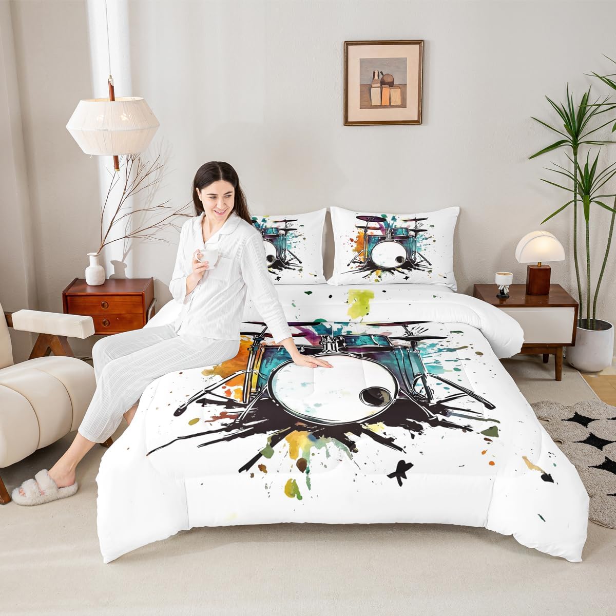 Erosebridal Drum Kit 3D Print Kids Comforter Sets Rock Music Themed Full Bedding Set for Boys Girls Musical Pattern Comforter Set,Colorful Retro Style Quilt Duvet 3 Pcs