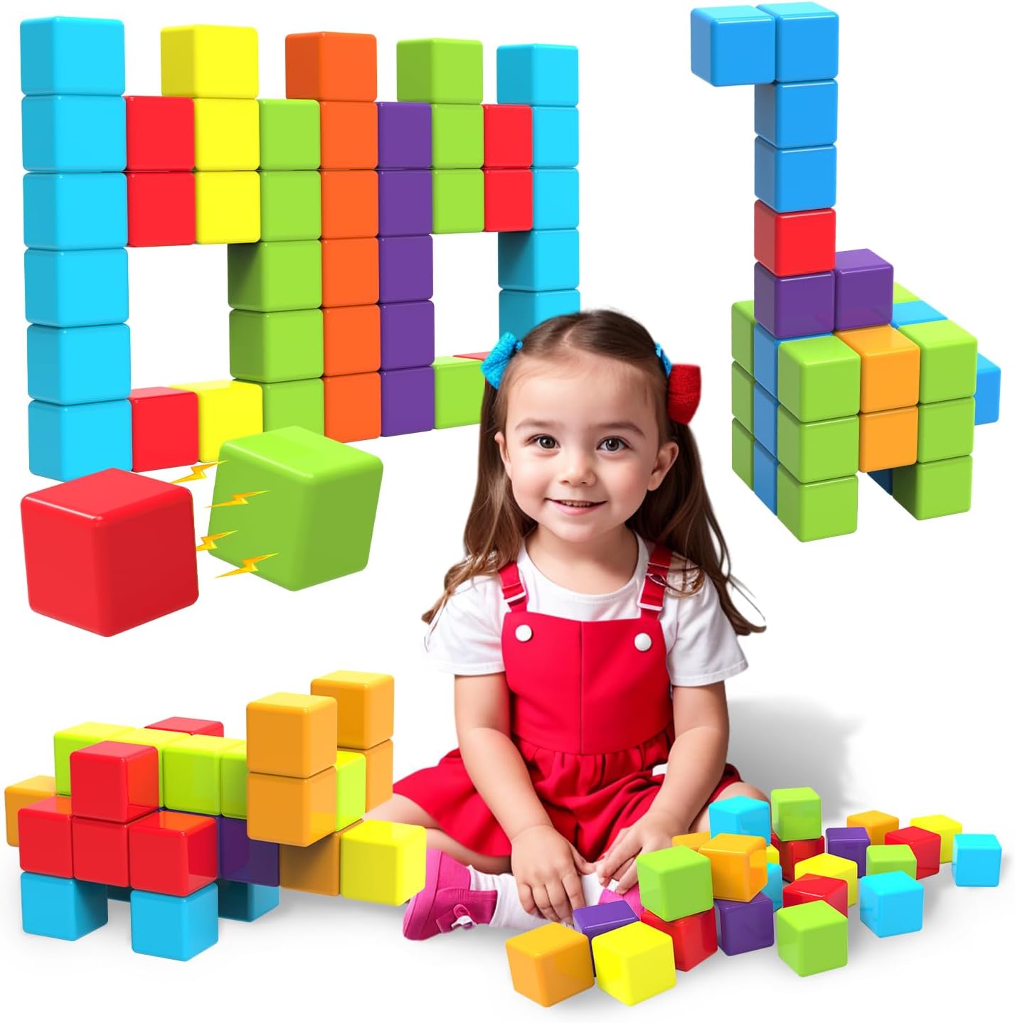 Magnetic Building Blocks Large, 1.65 inch Magnetic Stacking Cubes for Toddlers, Sensory & Montessori Toys for Boys & Girls 1 2 3 Years Old (12 PCS)
