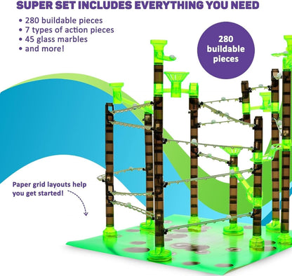 Marble Genius Marble Rails Starter Set, 200 Piece Marble Run for Kids 8+ (30 Marbles, 30 Rail Pieces, 12 Base Pieces & More), STEM, Full-Color Instructions, Great for Kids & Teens