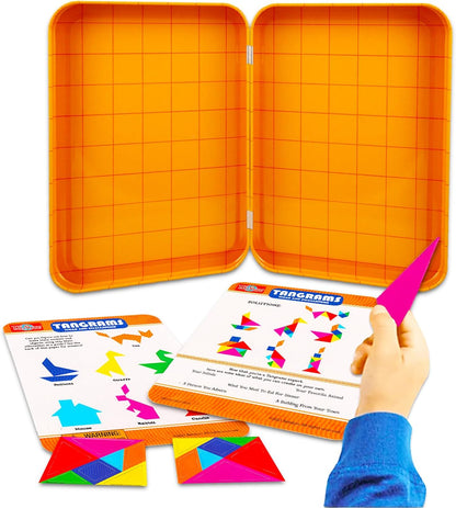 360 Combination Tangrams Travel Game with Portable Case for Kids - Bundle with Magnetic Pattern Blocks, Stickers | Montessori Open Ended Geometric Shapes Activity