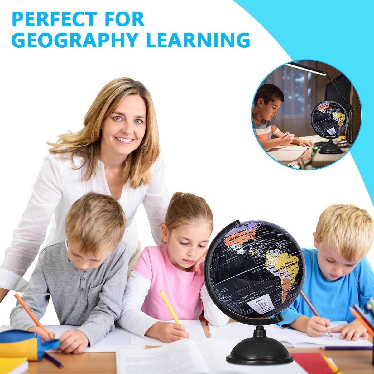 KISEER 8 Inch World Globe with Stand Rotating Earth Spinning Globe for Kids Geography Classroom Education or Decorations (Blue)