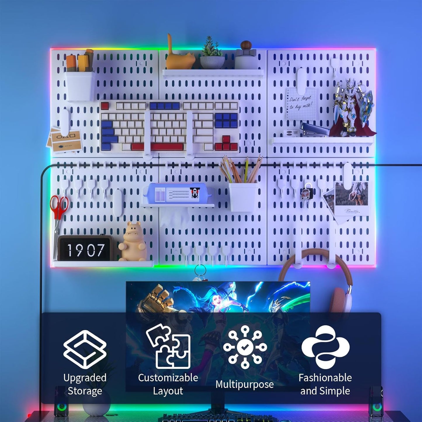 SHGJ&SOFT Peg Board Wall Organizer Panels, 22pcs - Includes 4 White Pegboards & Accessories, Plastic Pegboard for Home，Office, Craft Room, Gaming Setup, 24″×24″, Wall Mount Display Pegboard Panel Kits