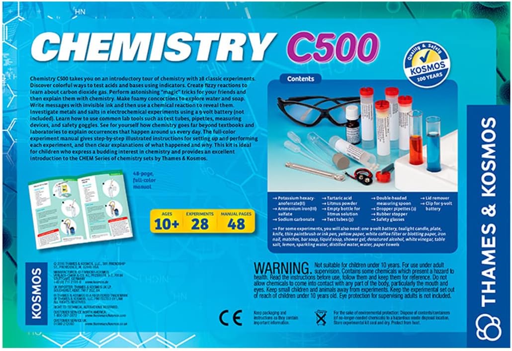 Thames & Kosmos Chemistry Chem C500 Science Kit with 28 Guided Experiments 48 Page Science Guide Parents’ Choice Silver Award Winner, 13.1" L x 2.6" W x 8.9" H