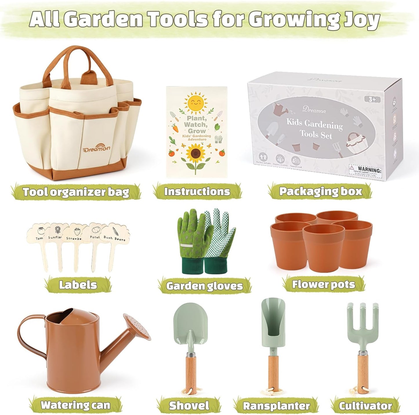 Kids Gardening Set, Gardening Tools Kit for Kids Toddler, Includes Tote Bag, Apron, Gloves, Watering Can, Shovel, Rake, Cultivator, Garden Tool Set Outdoor Toys Gifts for Boys Girls